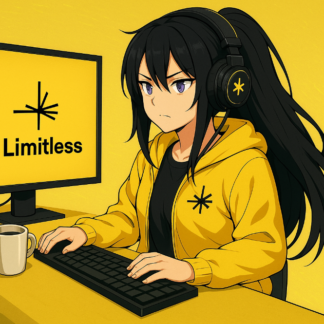 An anime-style illustration of a black-haired girl with purple eyes wearing a yellow hoodie and yellow headphones, sitting at a keyboard with a coffee mug in front of a monitor displaying the word 'Limitless' against a yellow background.
