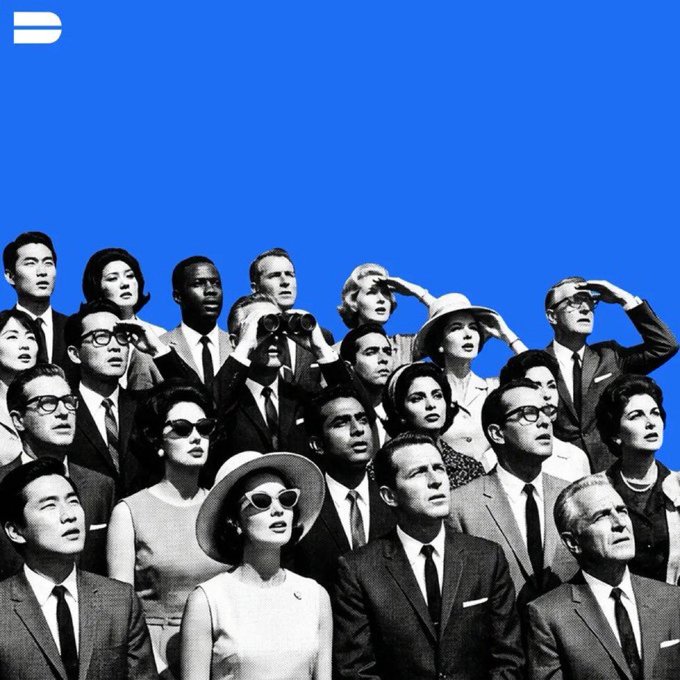 A vibrant graphic illustration depicts a diverse crowd of people dressed in 1960s-style attire (suits, hats, sunglasses) looking upward against a bright blue sky, with a small white logo in the top-left corner.