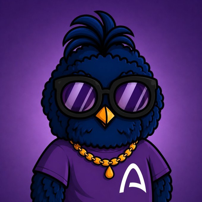 A cartoon illustration of a dark blue fluffy character wearing large black sunglasses, a gold chain, and a purple shirt with a white 'A' logo on a purple background.