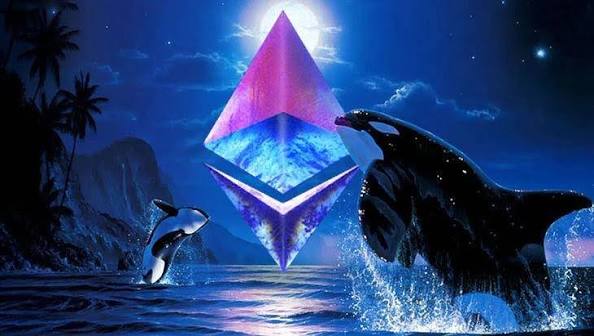 A digital artwork features a large, glowing Ethereum (ETH) diamond logo surrounded by two orcas leaping from the water under a full moon and starry sky.