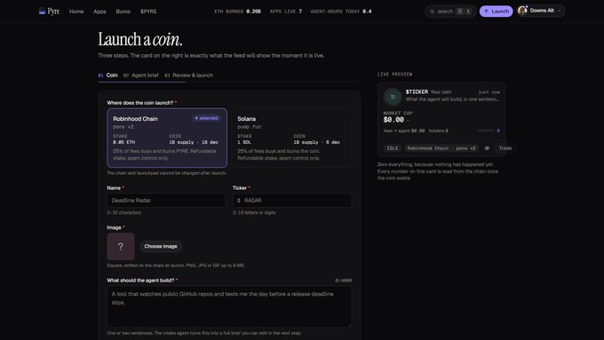A screenshot of a website titled 'Launch a coin' shows options for creating a 'Robinhood Chain' meme coin on Base or Solana, with fields for name ('Deadline Radar'), ticker ('RAGAR'), and agent details.