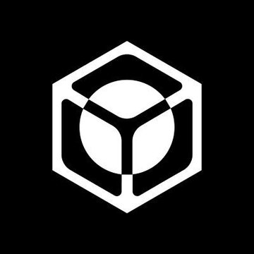 A white geometric logo on a black background, featuring a hexagonal outline with a circular and triangular design inside.