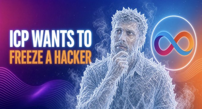 A YouTube-style thumbnail with the text 'ICP WANTS TO FREEZE A HACKER' featuring a person covered in frost/ice next to the ICP infinity logo.