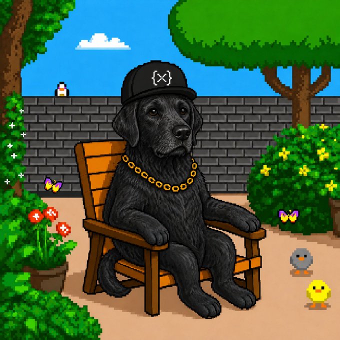 Pixel art style illustration of a black Labrador dog wearing a black cap with an 'X' logo and a gold chain, sitting in a wooden chair in a garden setting with pixelated chicks and butterflies.