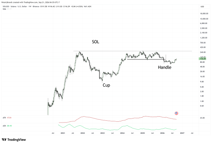 A weekly SOL/USD chart on TradingView displays a massive multi-year "Cup and Handle" pattern, with the "Cup" forming between 2022 and 2024 and the "Handle" consolidating near the $148–$160 resistance zone (currently at $159.05), suggesting a potential long-term bullish breakout setup for Solana.
