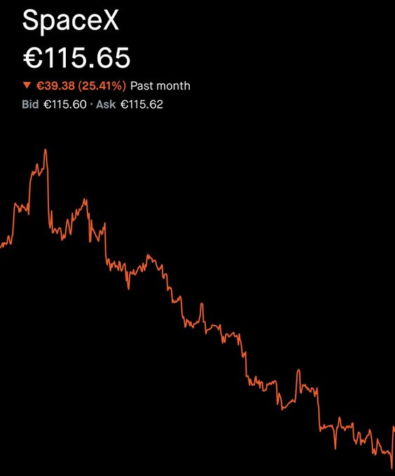 This image shows the stock chart for SpaceX, with its price dropping from €115.65 to €115.60 over the past month, by €39.38 (25.41%). The graph visually represents this decline, illustrating the "crash" mentioned in the accompanying post.