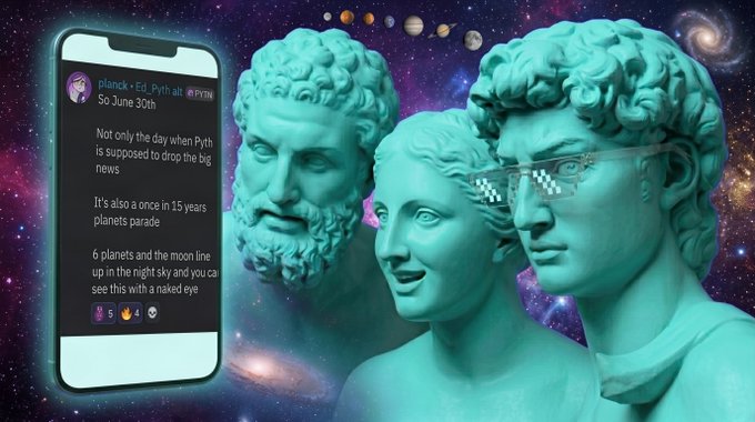 A turquoise smartphone displays a Discord message from "planck • Ed, Pyth all at Pyth" about the June 30th planetary parade and $PYTH news, set against a cosmic background featuring classical busts of philosophers and a statue wearing pixelated "thug life" sunglasses.