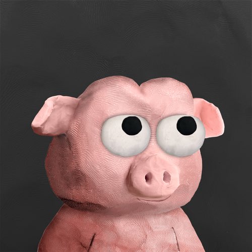 A close-up of a pink 3D-printed pig figurine with large cartoonish eyes on a dark background.