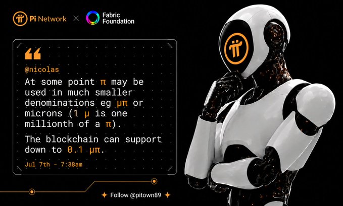 A Pi Network x Fabric Foundation graphic features a white robot with the Pi logo and a quote from @nicolas: 'At some point π may be used in much smaller denominations eg μm or microns (1μ is one millionth of a π). The blockchain can support down to 0.1·μm.'