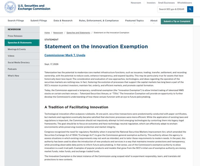 A webpage from the U.S. Securities and Exchange Commission showing 'Statement on the Innovation Exemption' by Commissioner Mark T. Uyeda dated Sept. 17, 2026.