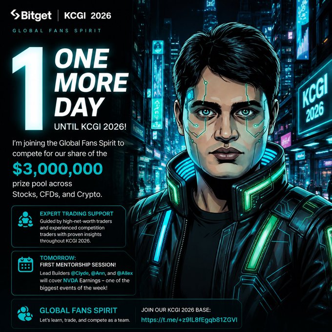 Bitget KCGI 2026 promotional poster with cyberpunk-style illustrated male figure, announcing '1 ONE MORE DAY UNTIL KCGI 2026!' and a $3,000,000 prize pool across Stocks, CFDs, and Crypto, with a Telegram link.