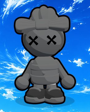 A black cartoon character resembling a KAWS figure with X's for eyes and a bow on its head, set against a background of blue sky and white clouds.