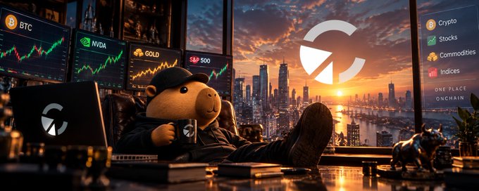 A promotional image for a cryptocurrency/trading platform showing a bear character relaxing in a chair with financial charts displaying BTC, NVDA, GOLD, and S&P 500 tickers in the background.
