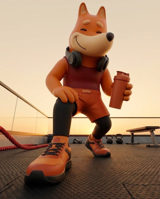 A 3D rendered Shiba Inu character wearing athletic gear, headphones, and a 'BONK' tank top poses with a shaker bottle on a rooftop gym at sunset.