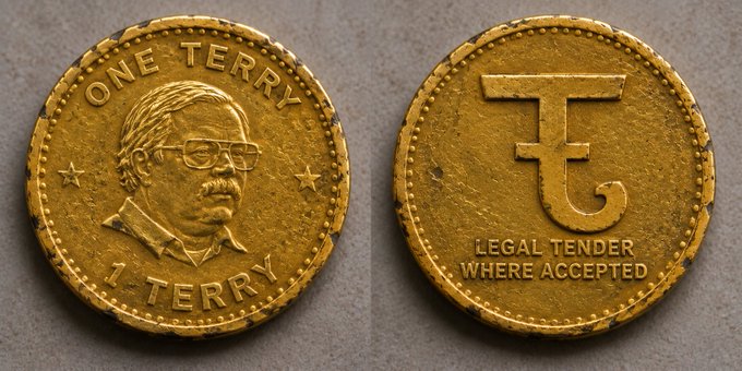 Two sides of a gold-colored novelty coin, with the left side displaying a portrait of a man with glasses and mustache along with 'ONE TERRY' and '1 TERRY', and the right side featuring a large stylized 'T' and 'LEGAL TENDER WHERE ACCEPTED'.