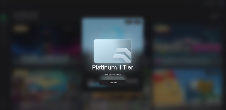 A notification screen displays "Platinum II Tier" with the message "New tier unlocked!" and a "Continue" button.