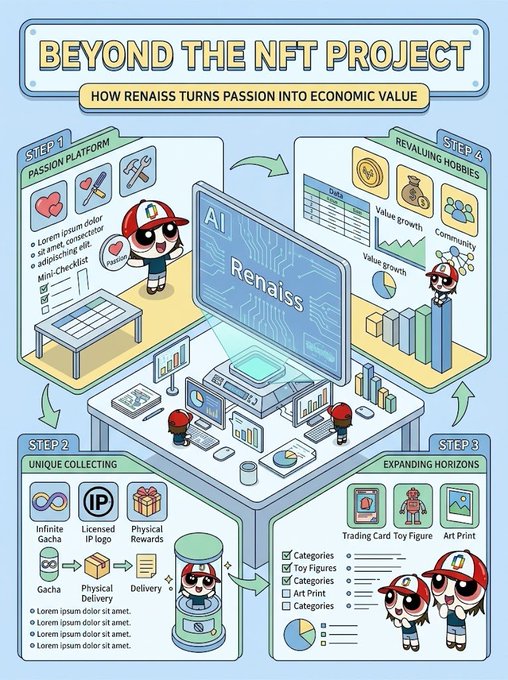 An infographic titled 'BEYOND THE NFT PROJECT' illustrating how 'Renaiss' turns passion into economic value in four steps: Passion Platform, Unique Collecting, Expanding Horizons, and Revaluing Hobbies.