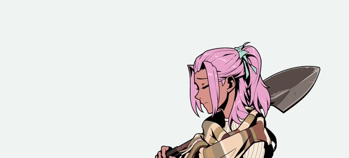 An anime-style illustration of a pink-haired character with pointed ears wearing a green ribbon, carrying a large sword over their shoulder against a white background.