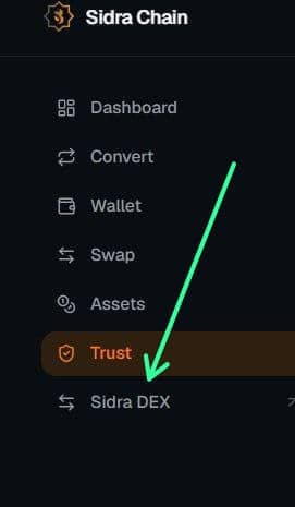 The image shows the Sidra Chain app sidebar menu with a green arrow pointing to "Sidra DEX," highlighting the DEX feature as currently loading or being prepared. It relates to the post by visually emphasizing the exciting infrastructure update and Sidra DEX rollout mentioned, suggesting new developments may soon be accessible to users.
