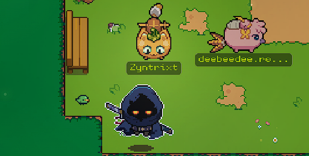 Another view of the pixel art game scene displays the labeled characters 'Zyntrixt' and 'deebeedee.ro...' in a grassy area.