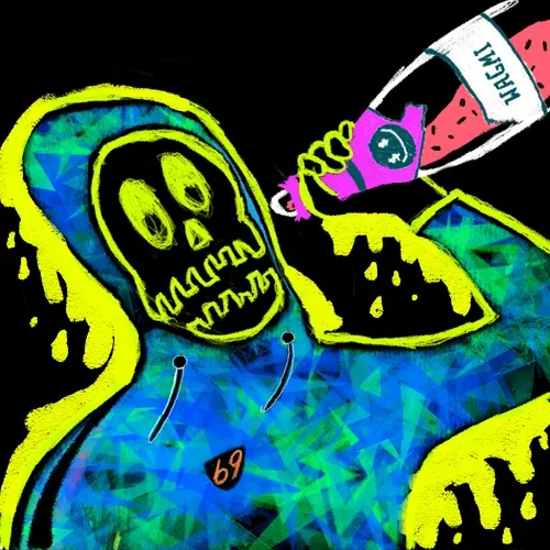 A vibrant, stylized illustration shows a skeleton-faced character in a blue and green hooded sweatshirt pouring a bottle labeled 'NERF!' while holding what appears to be a watermelon.