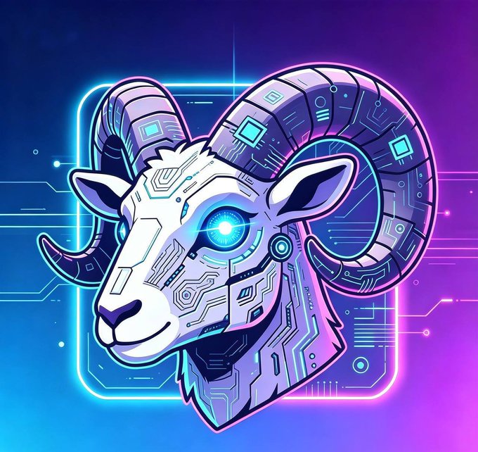 A neon-lit cybernetic ram with glowing circuit-board patterns and an illuminated eye, framed within a tech-inspired border on a purple and blue gradient background, serving as the mascot logo for the AIGOAT meme coin launch announcement.