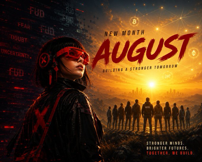 A stylized digital artwork featuring a futuristic figure with red goggles and headphones, with text reading 'NEW MONTH AUGUST - BUILDING A STRONGER TOMORROW' and 'STRONGER MINDS. BRIGHTER FUTURES. TOGETHER, WE BUILD.'
