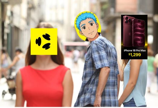 A meme-style image shows the 'Distracted Boyfriend' meme with the boyfriend's face replaced by an anime character, while his girlfriend looks at an iPhone 18 Pro Max ad showing a price of '$1,299'.