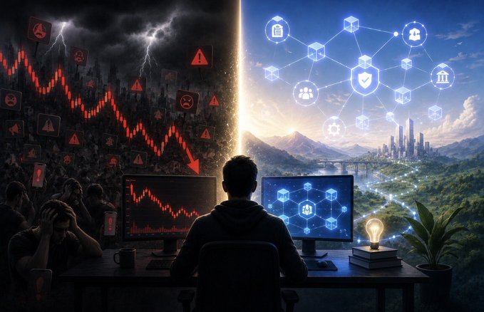 A person sits at a desk split between a stormy screen showing a crashing red chart with warning icons and a calm side displaying blockchain network graphics, symbolizing how understanding technology transforms market volatility from fear into clarity.