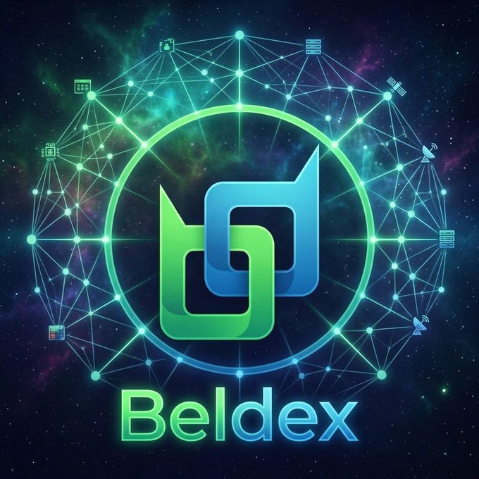 A digital logo for 'Beldex' featuring an interconnected green and blue design over a space-themed background with server and satellite icons.