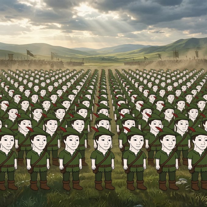 An overwhelming army of "Wojak" characters, dressed as Robin Hood's Merry Men, stands in formation, illustrating the idea of collective power. This visually represents the post's message that a united group of "little guys" can overcome larger entities.