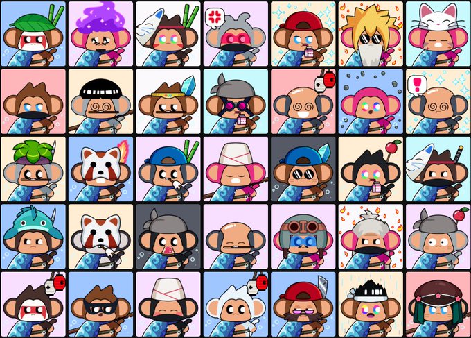A grid of 35 cartoon monkey avatars, each featuring the "Ocean Bender" trait characterized by flowing blue water effects around their bodies, shown alongside various other traits like hats, weapons, and accessories. The image directly visualizes the post's "Trait Spotlight" announcement for the limited-edition Ocean Bender Chimpers NFTs, displaying all 35 minted examples from the collection.