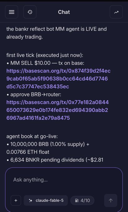A chat screenshot showing a crypto trading bot announcement: 'bankr reflect bot MM agent is LIVE and already trading' with details on a MM SELL transaction, transaction hashes on Basescan, and an agent book showing 10,000,000 BRB holdings.