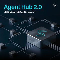 A promotional graphic for 'Agent Hub 2.0' with the tagline 'UEX trading, redefined by agents'. The image shows a stylized 3D rendering of interconnected metallic cubes on a dark circuit-board-like background.