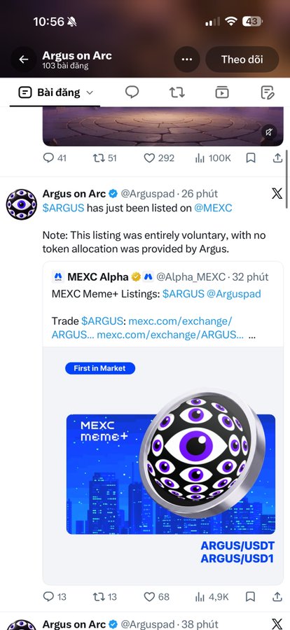 A Twitter/X post by "Argus on Arc" (@Arguspad) announcing that "$ARGUS has just been listed on @MEXC," along with a MEXC Alpha promotional graphic for ARGUS/USDT and ARGUS/USD1 trading pairs.