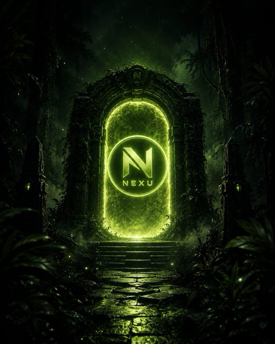 A glowing green portal with the 'NEXU' logo stands within an ancient, vine-covered stone archway in a dark jungle setting.