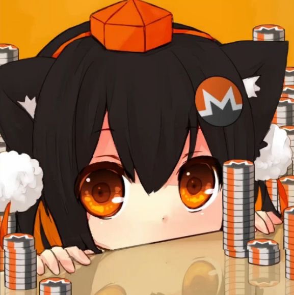 An anime-style illustration features a character with black hair, cat ears, and an orange cryptocurrency-themed hat with the Monero logo, surrounded by stacks of coins.