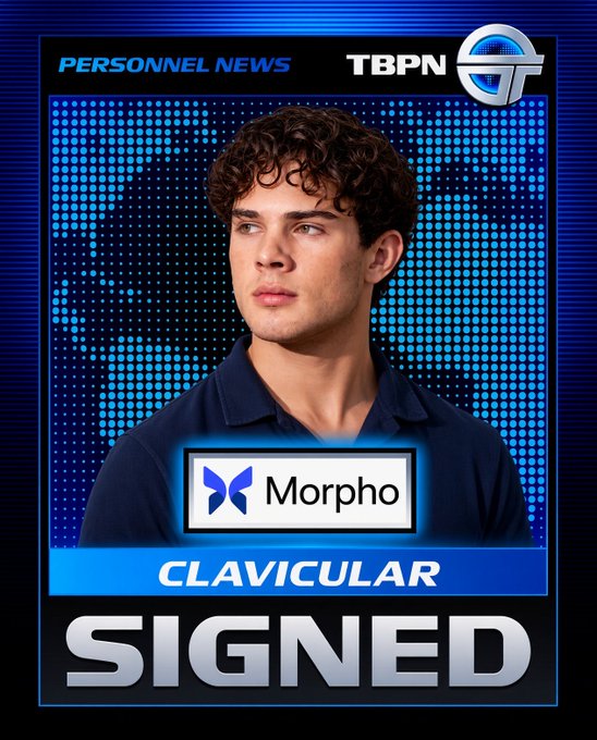 The image shows a personnel announcement graphic from TBPN featuring a young man with curly hair, with text reading "PERSONNEL NEWS," "Morpho," "CLAVICULAR," and "SIGNED" in bold lettering. The post humorously frames this as a major DeFi hiring announcement, playing on the "Morpho" sponsor branding alongside the person's surname to suggest a fictional blockbuster acquisition for the decentralized finance industry.