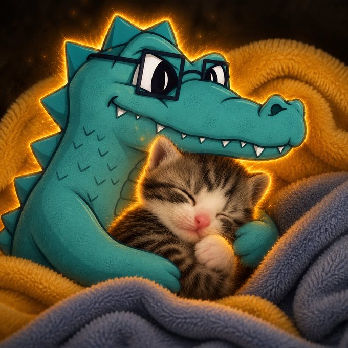 An AI-generated digital artwork of a teal cartoon crocodile wearing black glasses, hugging a sleeping tabby kitten while wrapped in a yellow and gray blanket.