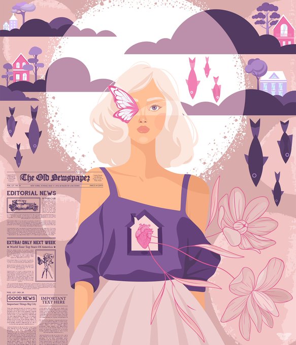 An artistic illustration depicts a blonde woman with a butterfly over one eye wearing a purple top with a heart-house design, surrounded by fish, flowers, and newspaper clippings from 'The Old Newspapers' featuring 'EDITORIAL NEWS' and 'EXTRA! ONLY NEXT WEEK'.