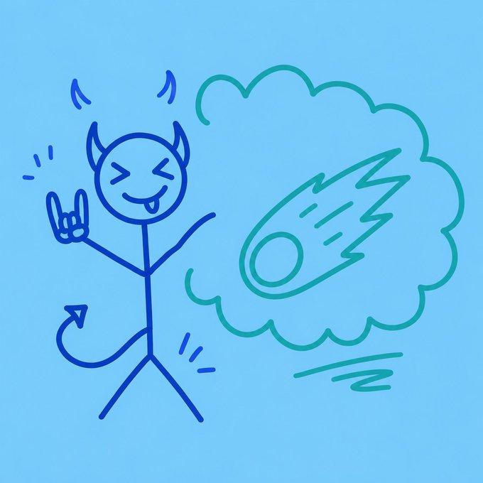 A hand-drawn cartoon devil stick figure with horns, a tail, and a mischievous grin makes a rock-on hand gesture next to a thought bubble depicting a flaming meteor, visually embodying the playful, rebellious spirit of the @DEVILDOODLENFT giveaway post.