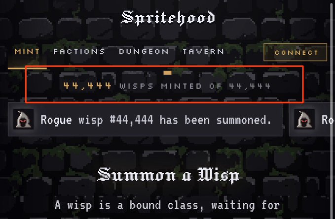 A screenshot from the 'Spritehood' website showing 44,444 wisps minted of 44,444, with a notification that 'Rogue wisp #44,444 has been summoned.'