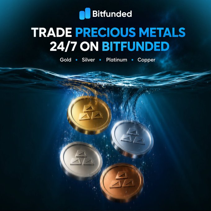 The image shows four metallic coins representing gold, silver, platinum, and copper sinking into deep blue water, with the Bitfunded logo and text reading "Trade Precious Metals 24/7 on Bitfunded — Gold • Silver • Platinum • Copper" above them. The underwater visual emphasizes the depth and variety of trading options beyond crypto, aligning with the post's message of expanded market opportunities available around the clock.