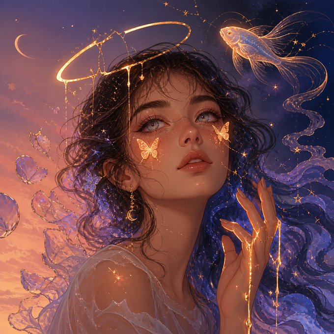 A fantasy digital illustration of a woman with a golden halo, glowing butterflies on her face, and a fish swimming in a starry cosmic background.