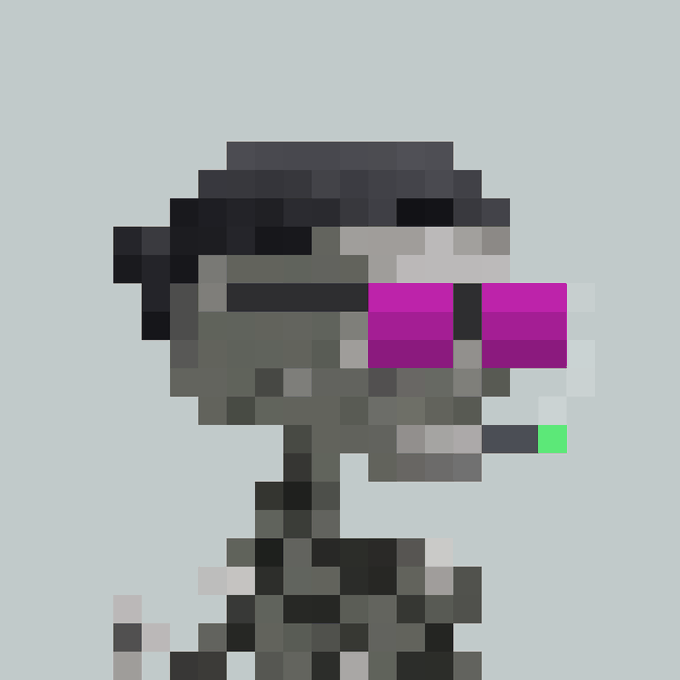 A pixel art character with dark hair and a large pink/magenta visor or mask against a light blue background.