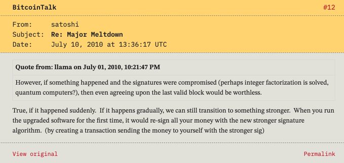A BitcoinTalk forum post from user 'satoshi' dated July 10, 2010, responding to 'Re: Major Meltdown' about transitioning to stronger signature algorithms if signatures were compromised.
