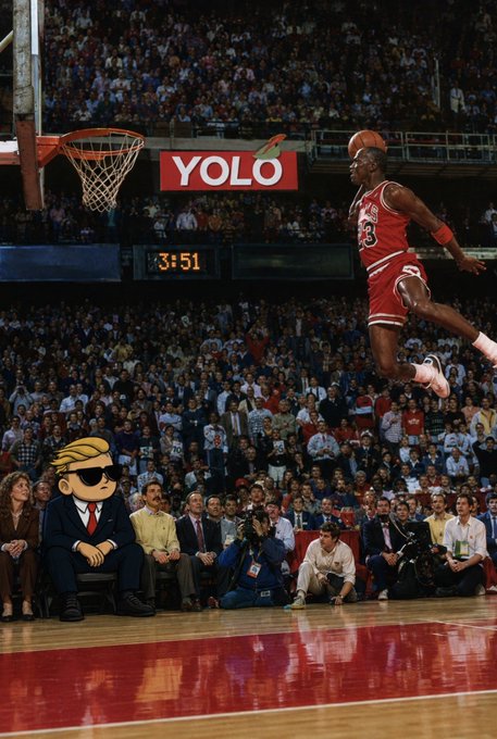 An AI-edited vintage basketball game photo showing Michael Jordan in mid-air slam dunk over a crowd, with a cartoon figure wearing sunglasses overlaid courtside, labeled 'YOLO' near the hoop with 3:51 on the clock.