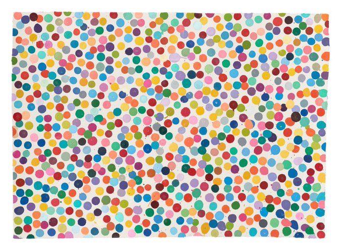 A piece of abstract artwork consisting of densely packed, colorful polka dots on a white background.