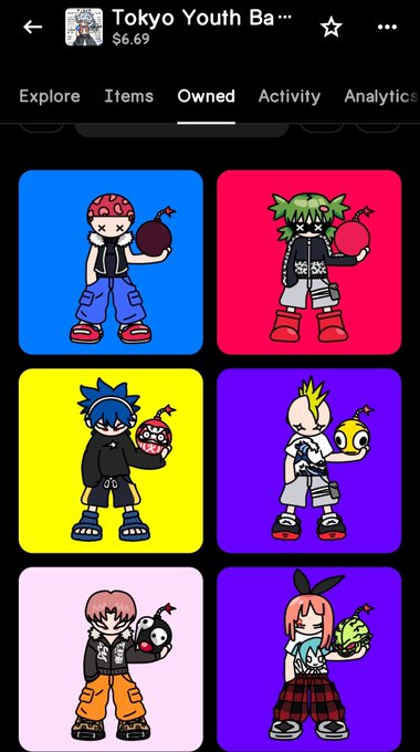 Mobile screenshot of an NFT collection called "Tokyo Youth Ba..." priced at $6.69, showing colorful cartoon characters holding bombs in a grid layout.