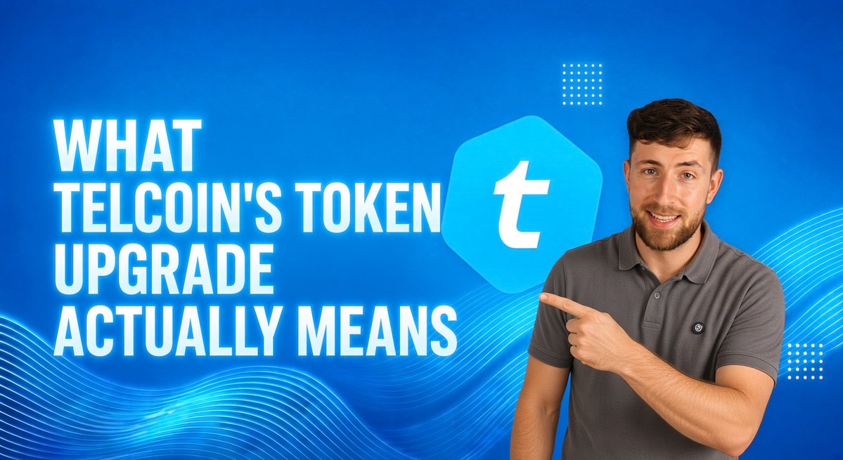 A YouTube thumbnail with blue background reading 'WHAT TELCOIN'S TOKEN UPGRADE ACTUALLY MEANS' featuring a bearded man pointing to the Telcoin (t) logo.